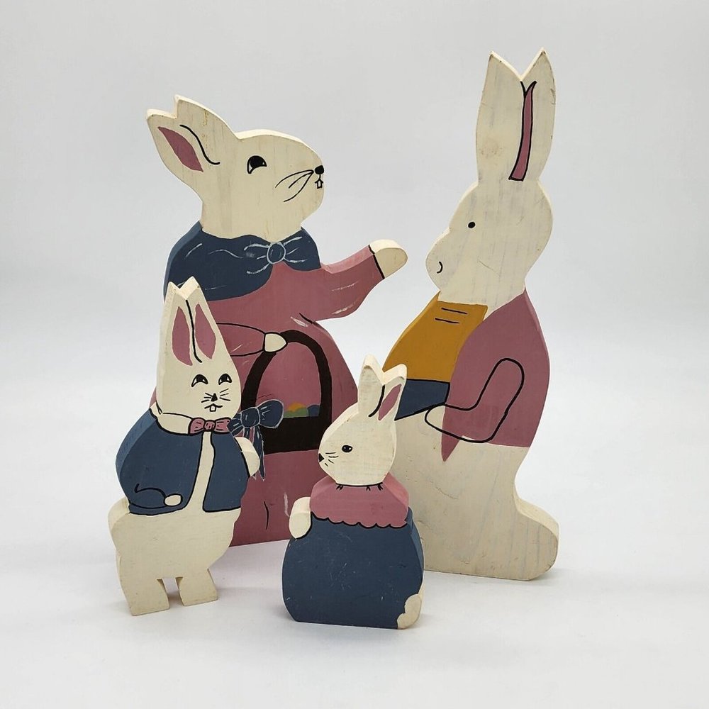 Vintage Tole Painted Bunny Family Wood Figures Dad Mom Sister Brother